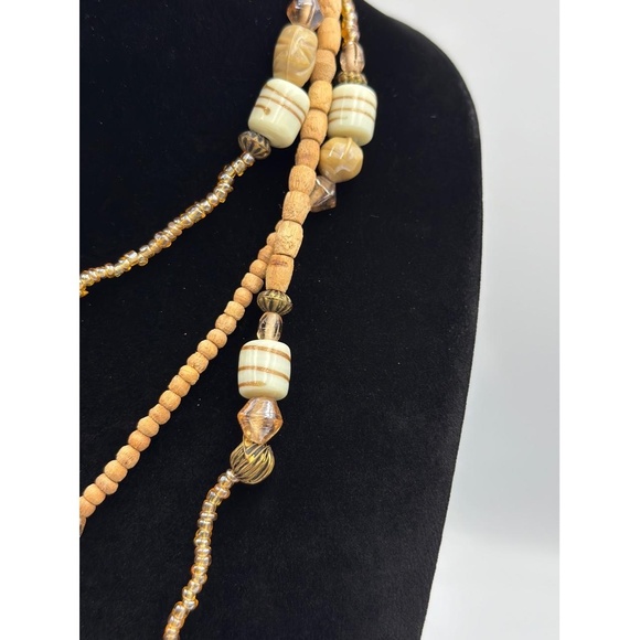 Vintage 30” Single Strand Neutral Boho Multi Strand Art Glass Wood Bead Necklace - Picture 4 of 10